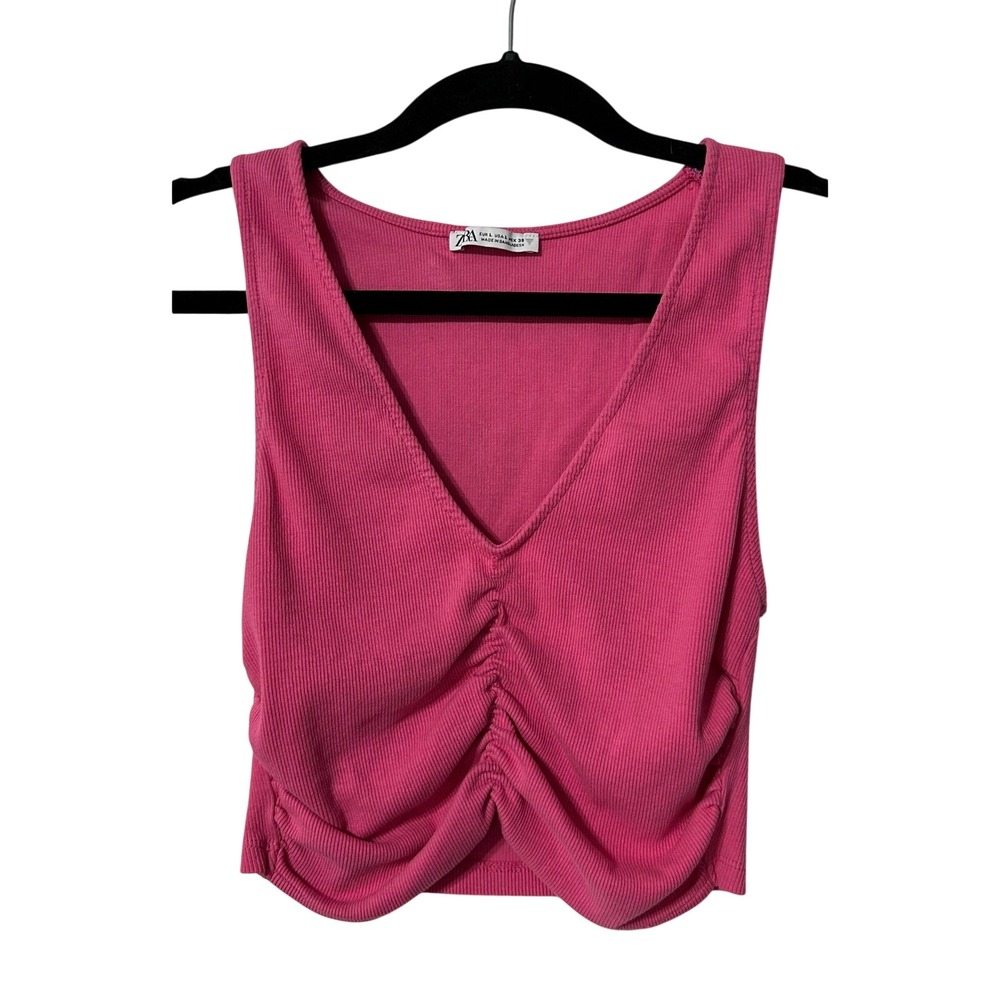 Zara Tank Top Womens Large Pink Excellent Ruched V-Neck Ribbed Crop Top